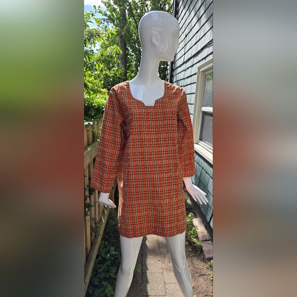 Vintage Handmade Orange Plaid Tunic/Top Lg - Picture 1 of 9